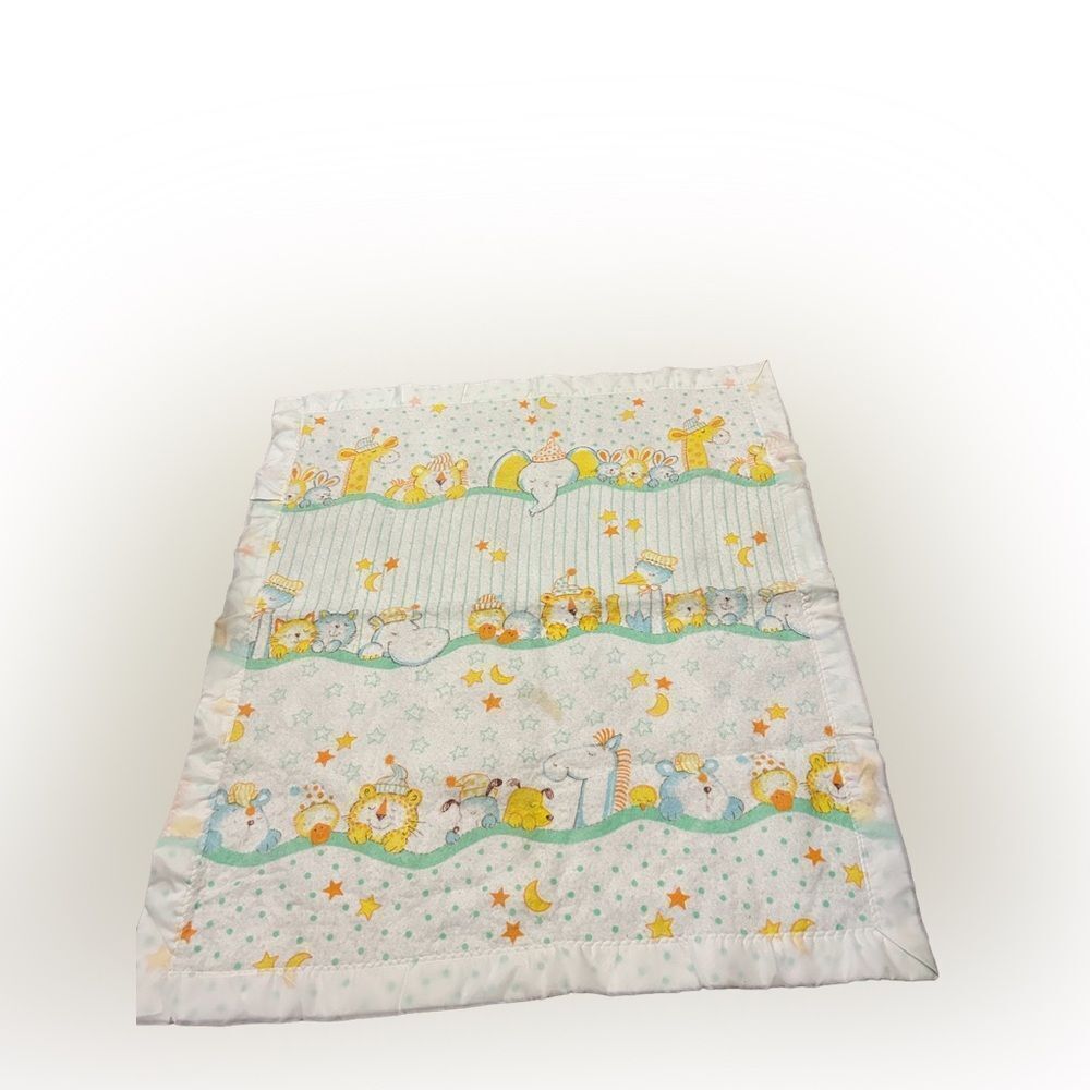 Vintage Satin Edge Baby Blanket Star Moon Sleepy Giraffe Duck Dog Cat Tiger Bear